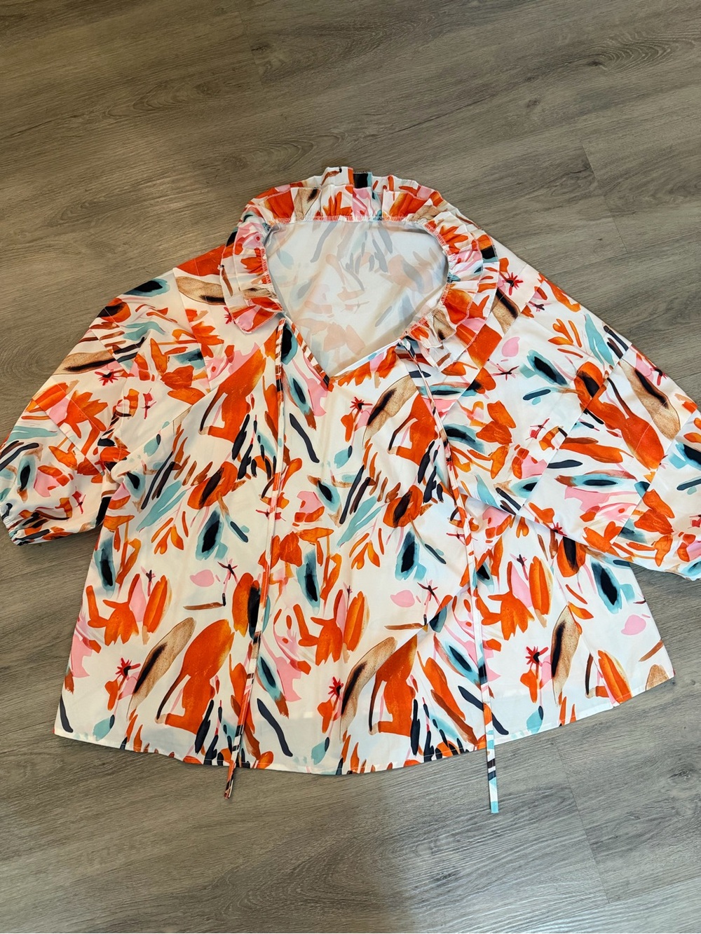Abstract Floral Tie-Front Blouse in White, Orange & Coral